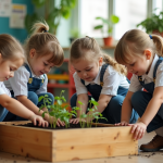 Enfants d'école primaire plantant des semis dans la classe