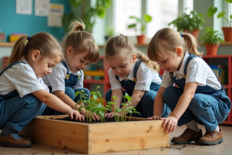 Enfants d'école primaire plantant des semis dans la classe