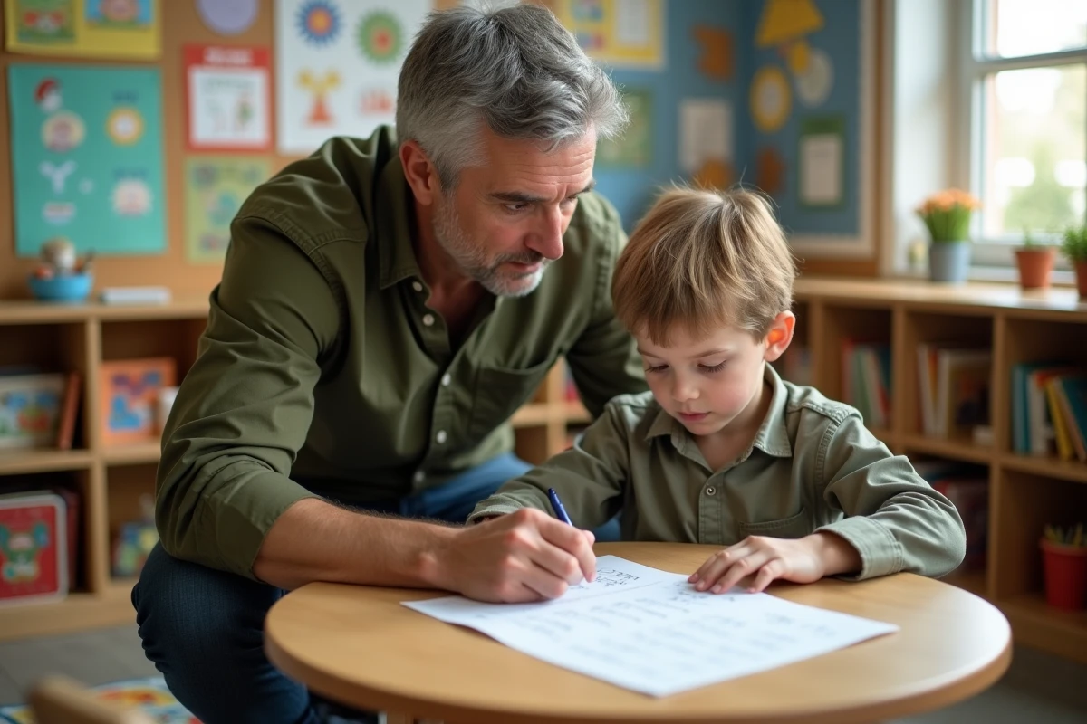 Enseignant accompagnant un élève en difficulté sur un exercice de lecture CE2 imprimé