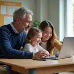 Professeur et mère avec fille devant un ordinateur en classe