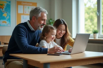 Professeur et mère avec fille devant un ordinateur en classe