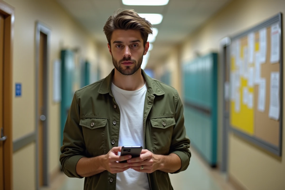 Jeune enseignant consultant sa boîte académique sur smartphone dans un couloir d'école, problème de connexion