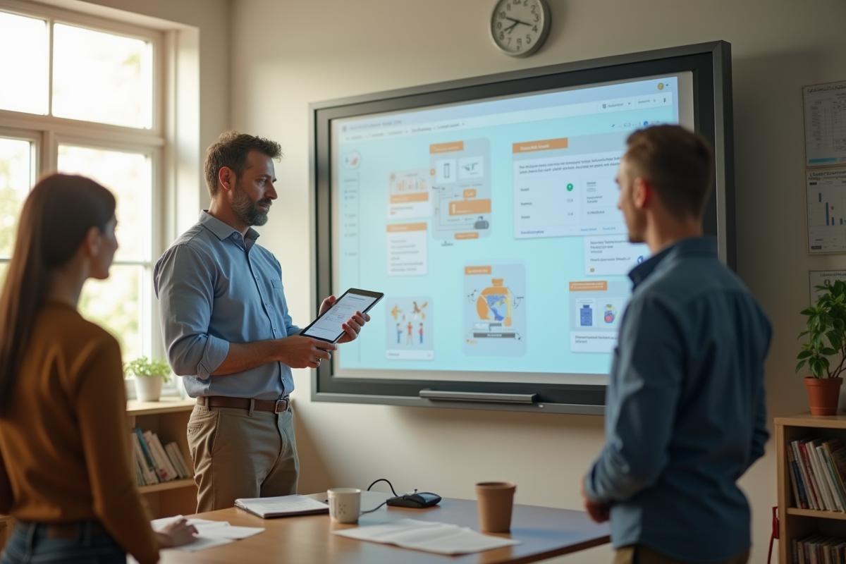 Enseignant montrant une application éducative avec une tablette