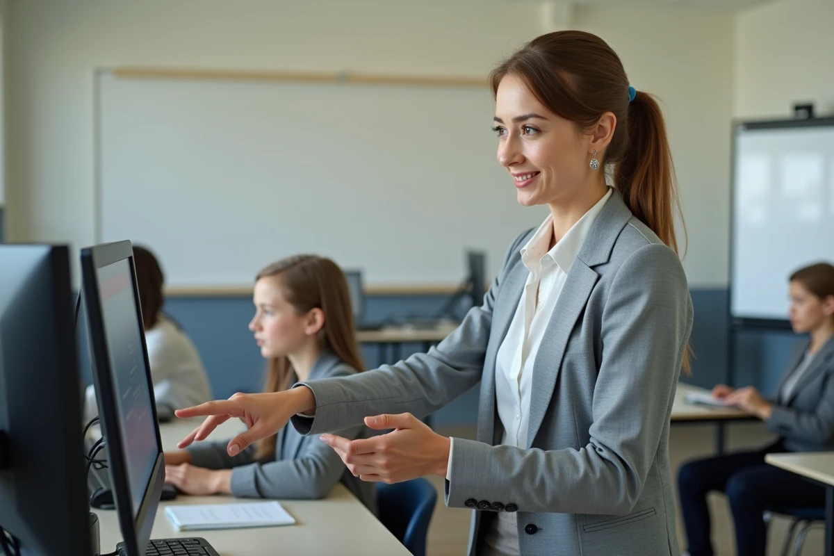 Enseignante aidant un élève à se connecter à l'ENT de l'académie d'Auvergne sur un ordinateur de salle informatique