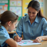 Jeune enseignante souriante avec élève dans une classe moderne