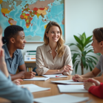 Professeure au lycée en discussion avec des élèves