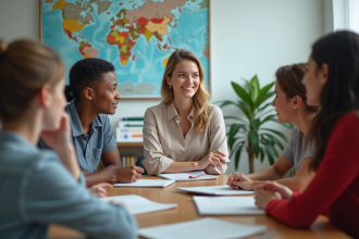 Professeure au lycée en discussion avec des élèves