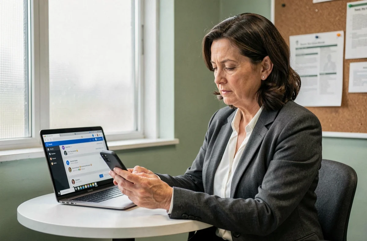 Enseignante utilisant la messagerie mobile Convergence de l'académie de Toulouse depuis la salle des professeurs