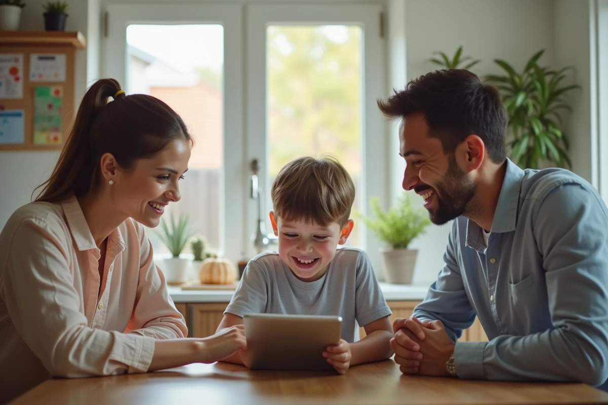 Jeune enseignante montrant une tablette à un père et son fils
