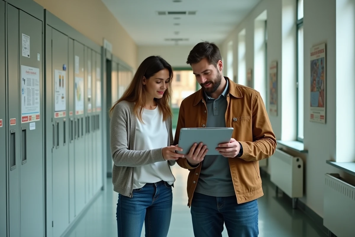 Deux enseignants d'un lycée consultant ensemble une interface de gestion scolaire numérique sur une tablette dans un couloir