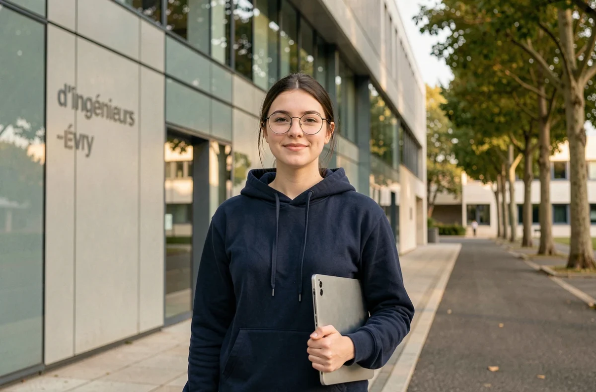 Étudiante devant le bâtiment de l'ENSIIE, école nationale d'informatique pour l'industrie et l'entreprise à Évry