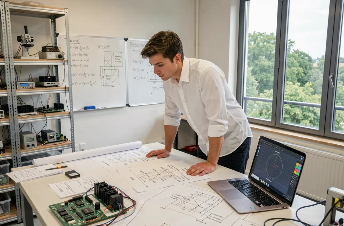 Étudiant ingénieur travaillant sur des schémas électroniques dans un laboratoire de l'ENSTA Paris en Essonne