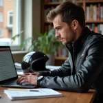 Jeune motard étudiant le code de la route en ligne sur ordinateur portable avec manuels et casque de moto posé sur le bureau