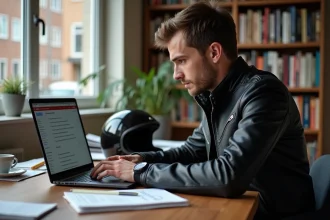 Jeune motard étudiant le code de la route en ligne sur ordinateur portable avec manuels et casque de moto posé sur le bureau