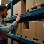 Employe d'entrepot organisant des cartons sur des rayonnages