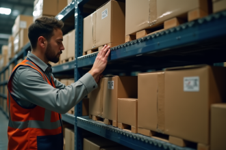 Employe d'entrepot organisant des cartons sur des rayonnages