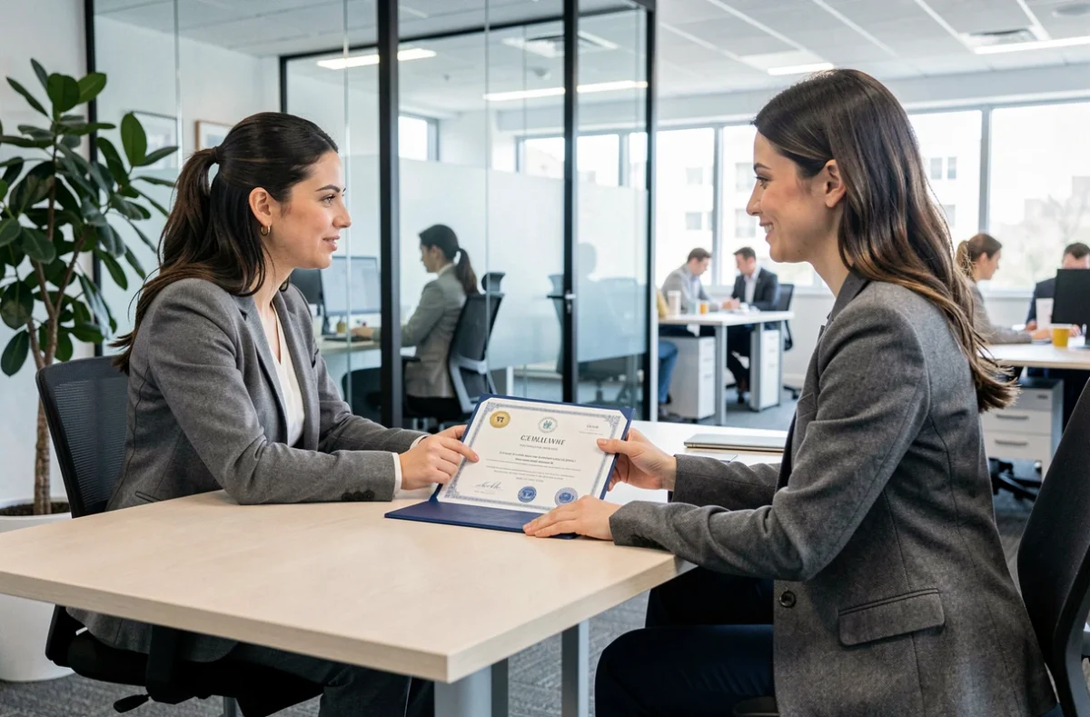 Femme présentant sa certification Maformationbrico lors d'un entretien d'embauche dans un bureau moderne