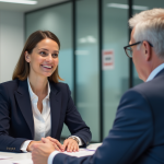 Femme en entretien avec conseiller emploi dans un bureau professionnel