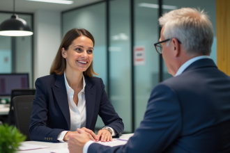 Femme en entretien avec conseiller emploi dans un bureau professionnel