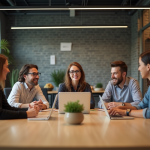 Groupe de professionnels en discussion dans un bureau moderne