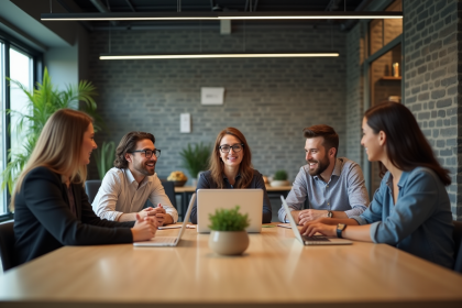 Groupe de professionnels en discussion dans un bureau moderne
