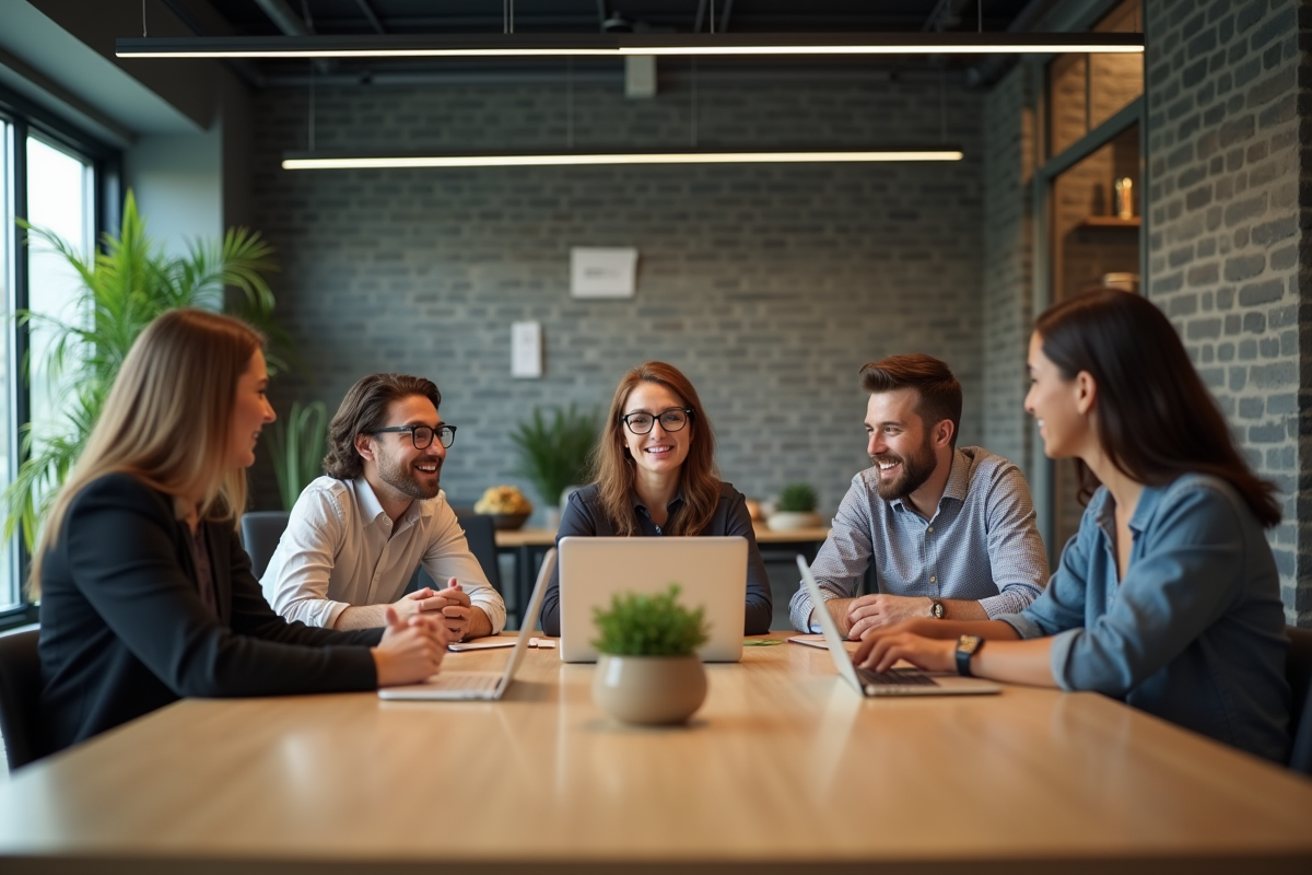 Groupe de professionnels en discussion dans un bureau moderne