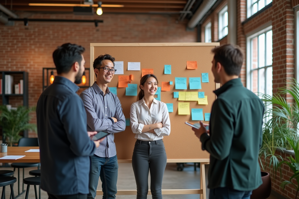 Groupe de collègues discutant autour d un tableau d idées