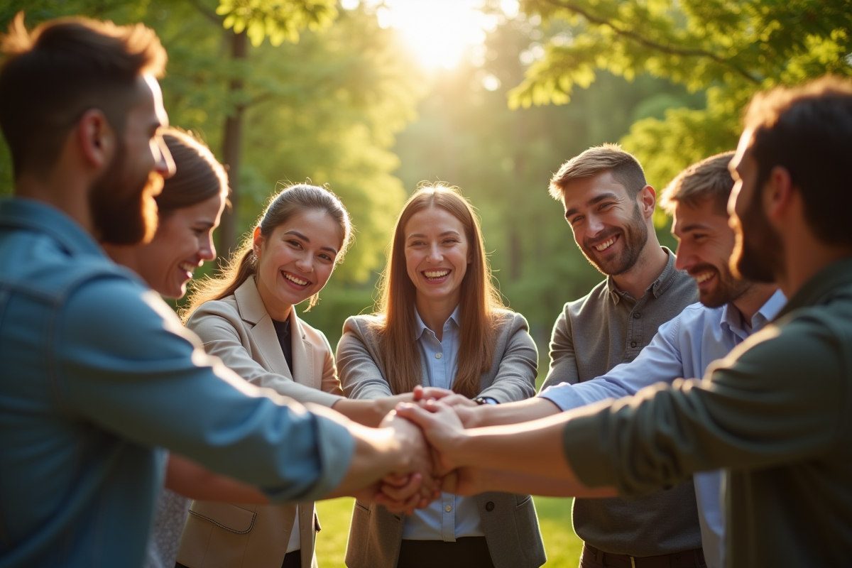 Equipe motivée en extérieur avec un leader inspirant