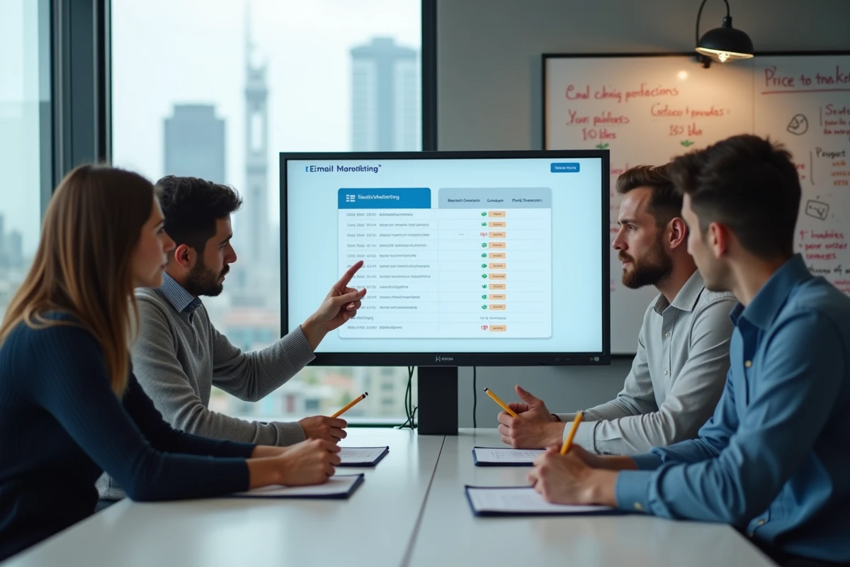 Équipe marketing discutant des options de tarification d'un outil d'emailing pour différentes bases de contacts