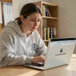 Étudiante frustrée face à une erreur de connexion sur son ordinateur portable dans une chambre universitaire
