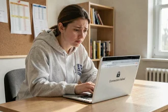 Étudiante frustrée face à une erreur de connexion sur son ordinateur portable dans une chambre universitaire