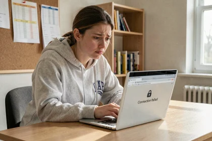 Étudiante frustrée face à une erreur de connexion sur son ordinateur portable dans une chambre universitaire