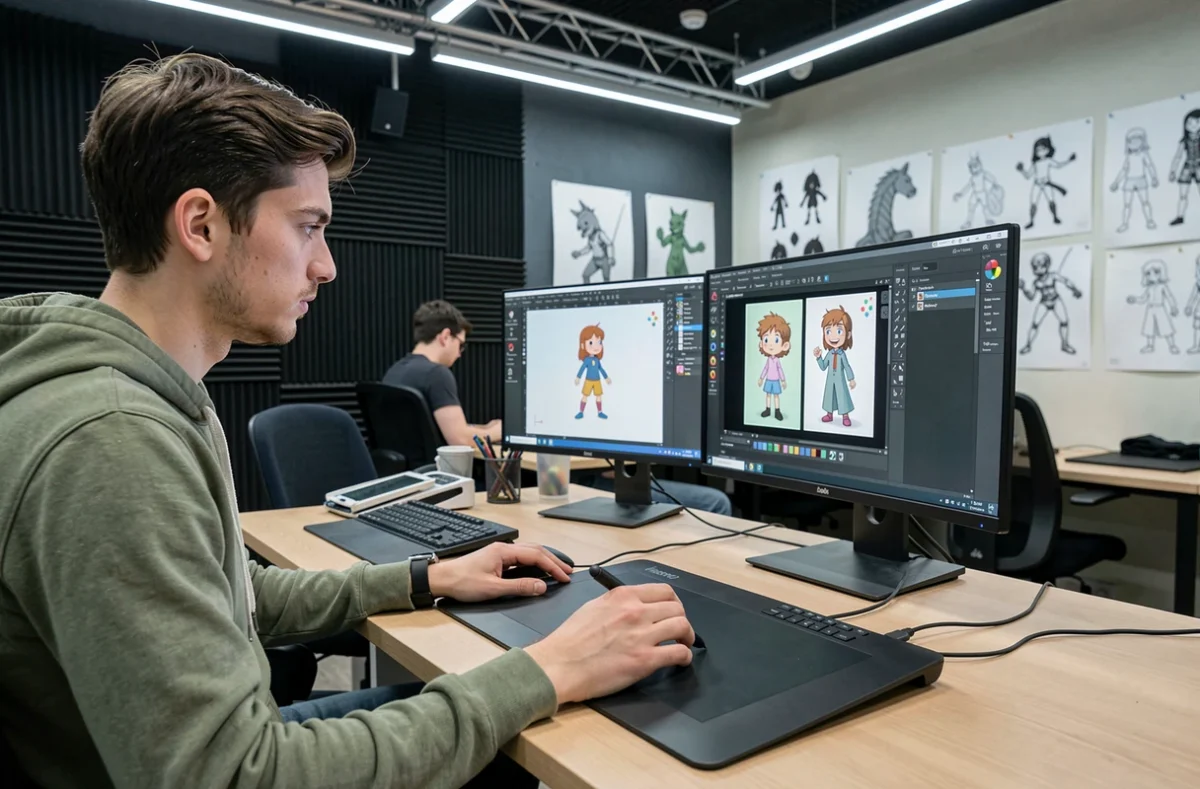 Étudiant en animation travaillant sur un logiciel de dessin animé 2D à l'ESRA Animation de Nice