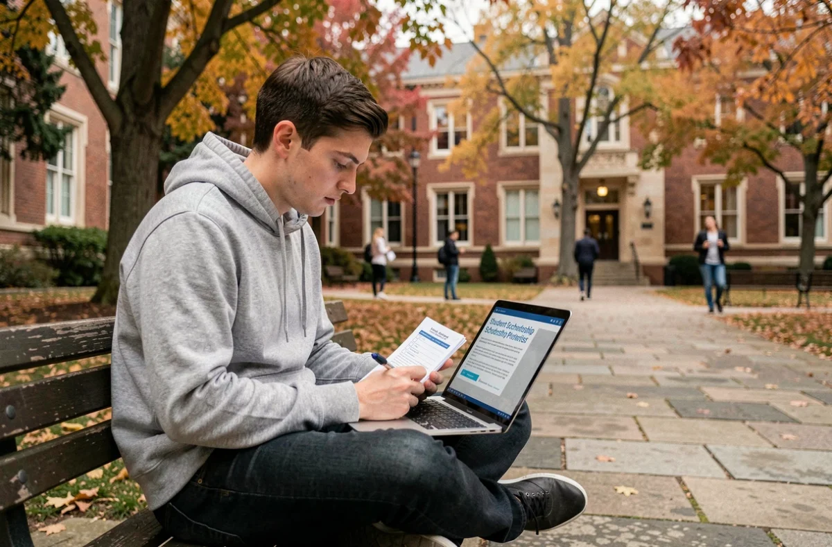 Étudiant boursier vérifiant ses priorités SCEI sur ordinateur portable dans une cour de campus universitaire en automne