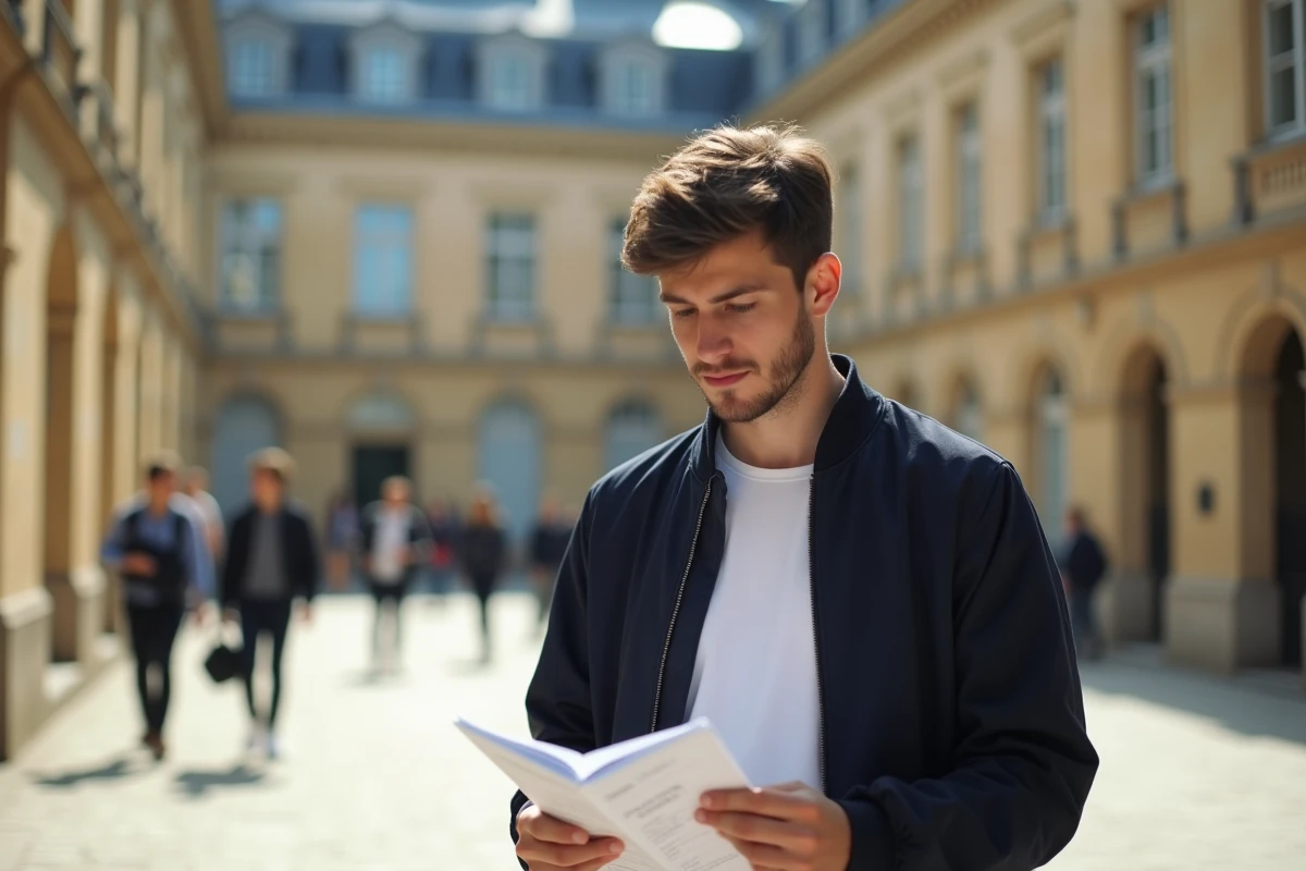 Étudiant consultant un classement de prépas BCPST dans la cour d'un lycée aux façades en pierre de style français