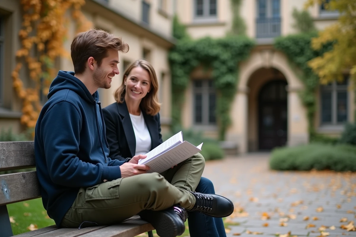 Étudiant recevant des conseils d'orientation d'une conseillère pédagogique dans la cour d'une université parisienne