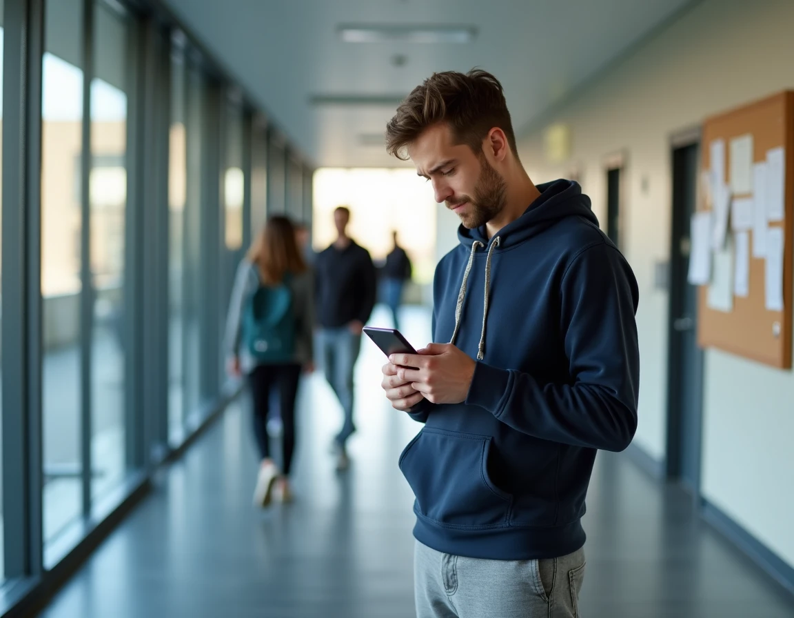 Étudiant découvrant l'ENT de Sciences Po Bordeaux sur son smartphone dans un couloir universitaire moderne