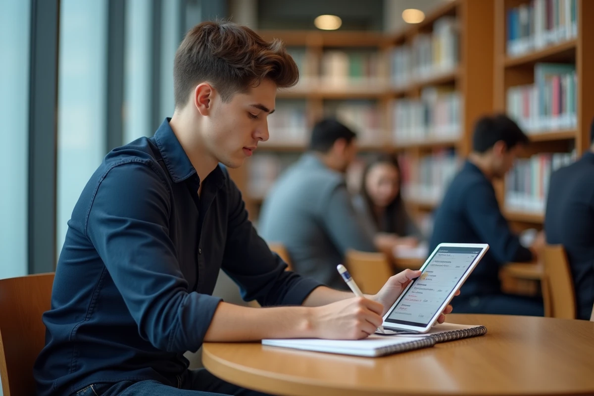 Étudiant prenant des notes depuis l'ENT sur tablette dans une bibliothèque universitaire moderne