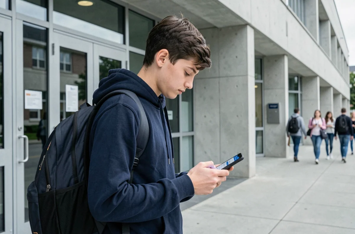Étudiant consultant la messagerie mobile de l'académie Toulouse Convergence devant l'entrée de son lycée