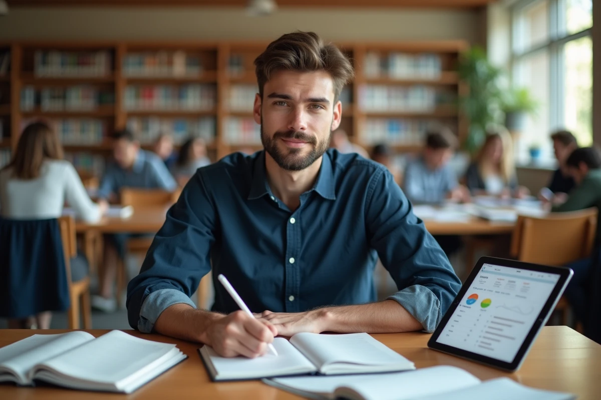 Étudiant consultant ses notes et devoirs sur une tablette dans une bibliothèque universitaire moderne