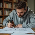 Étudiant dessinant une pyramide à base triangulaire avec ses formules de volume sur papier millimétré dans une bibliothèque universitaire