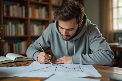 Étudiant dessinant une pyramide à base triangulaire avec ses formules de volume sur papier millimétré dans une bibliothèque universitaire