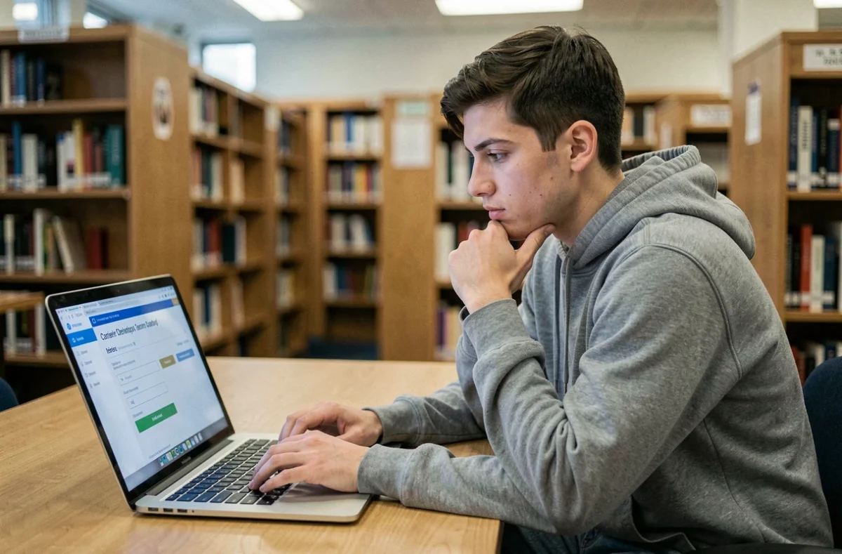 Étudiant masculin passant un test d'orientation professionnelle en ligne sur un ordinateur portable dans une bibliothèque universitaire
