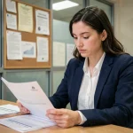 Étudiante boursière consultant ses droits et documents SCEI dans un bureau universitaire administratif