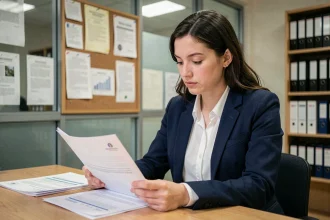 Étudiante boursière consultant ses droits et documents SCEI dans un bureau universitaire administratif