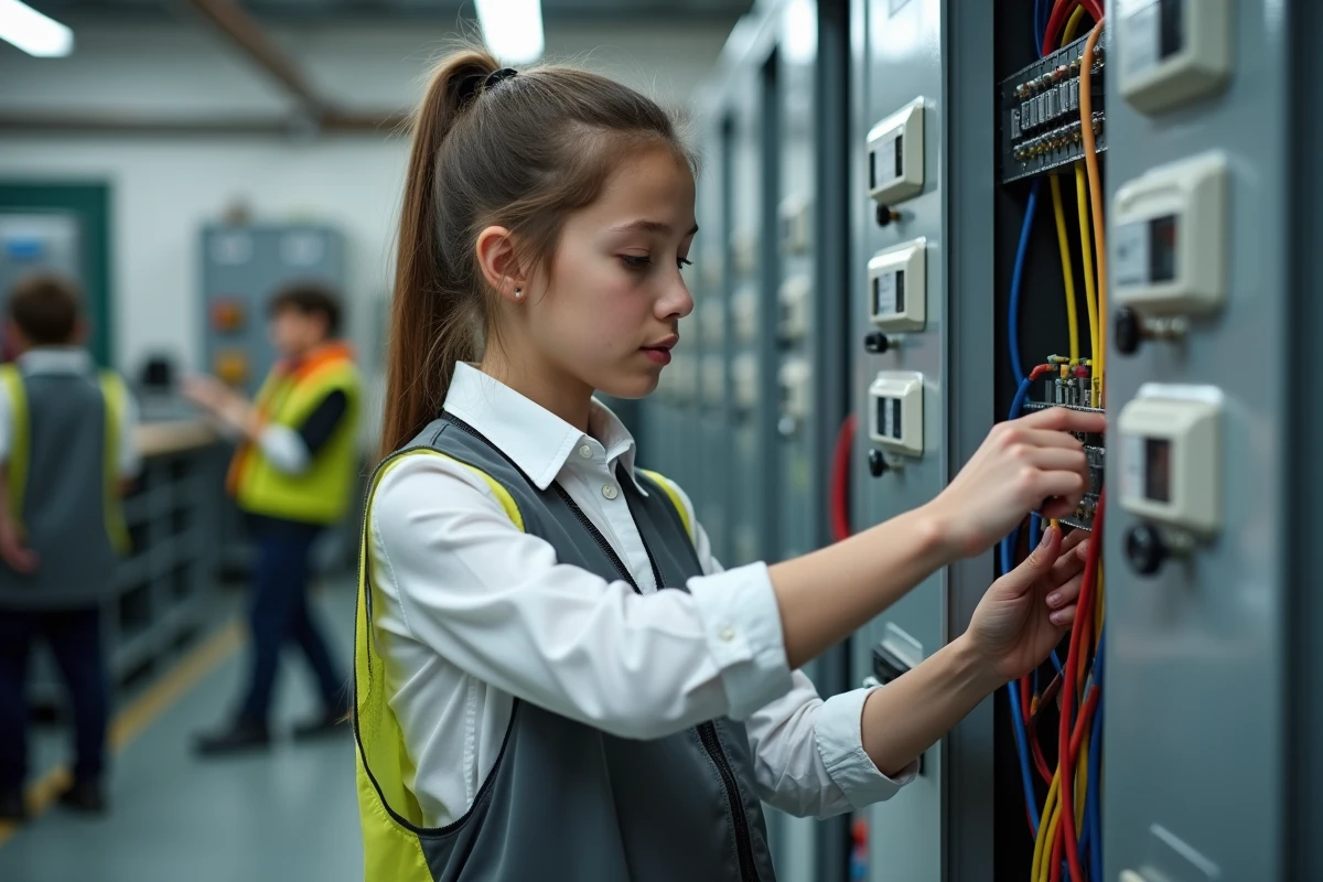 Étudiante en formation initiale d'électrotechnique réalisant un exercice de câblage sur un panneau pédagogique en atelier