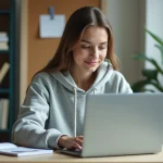Étudiante consultant ses résultats scolaires sur ENT depuis son bureau en résidence universitaire