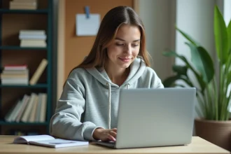Étudiante consultant ses résultats scolaires sur ENT depuis son bureau en résidence universitaire