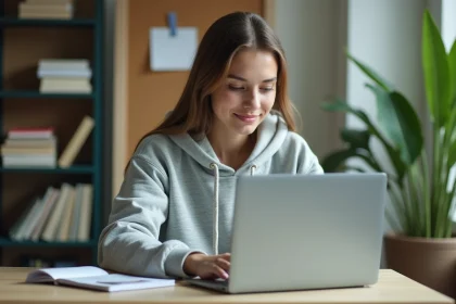 Étudiante consultant ses résultats scolaires sur ENT depuis son bureau en résidence universitaire
