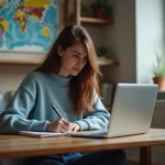 Jeune femme étudiante concentrée sur son ordinateur portable dans sa chambre